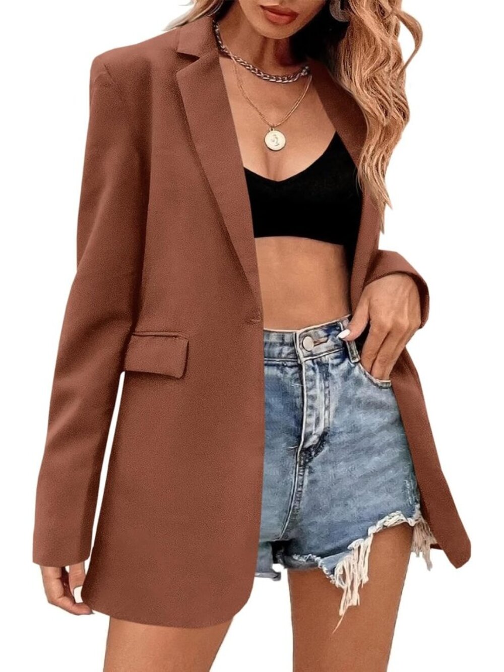 🆕Women's Brown Loose Fit Single Button Blazer Long Sleeve Office Suit Coat